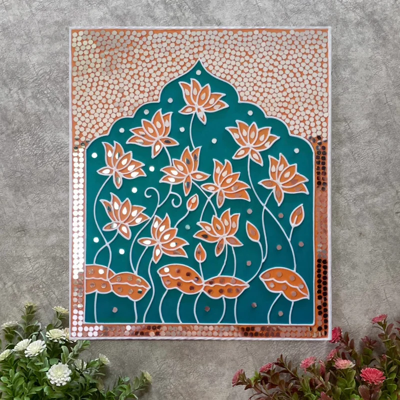 “Traditional Lippan art canvas painting with orange lotus flowers and mirror work”